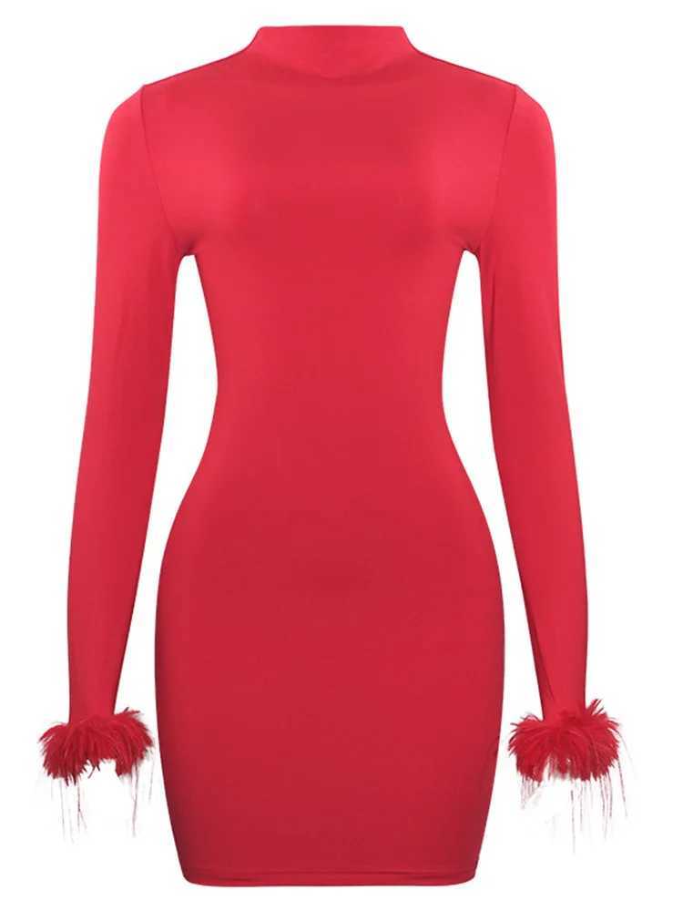 Basic Casual Dresses Weird Puss Feather Patchwork Dress Women Autumn Trend o-Neck Skinny Stretch Classic Solid Strtwear Full Slve Long Bodycon H25121