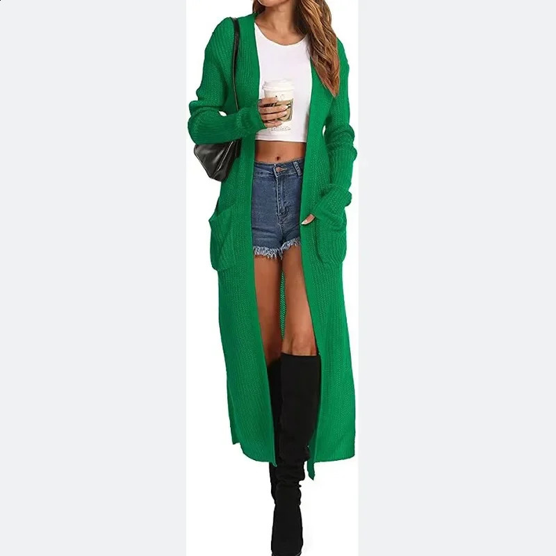 Women Solid Color Loose Cardigan Knitted Sweater 2023 Autumn Winter Coat Long Sleeve Pocket 250109Z