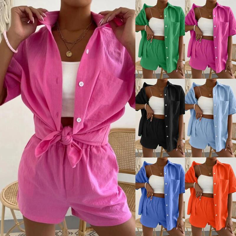 Womens Tracksuits Plus Size Vacation Beach Short Pant Suit Womens Casual Solid Color Summer Shorts And Shirt Top Two Piece Sets Outfits
