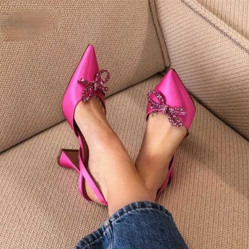 2021summer New hot Stiletto Heel Pointed Toe Strap High-Heeled Sandals Wens Rhinestone Bow Pumps Z250122