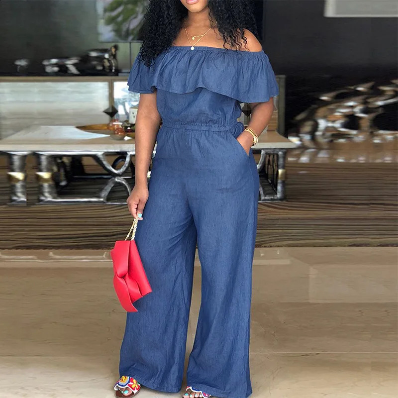 Plus Size Jean Jumpsuit Female Off Shoulder Denim Cloth Women One Piece Outfit Casual Wide Leg Pant Autumn Elegant Jumpsuit 250113