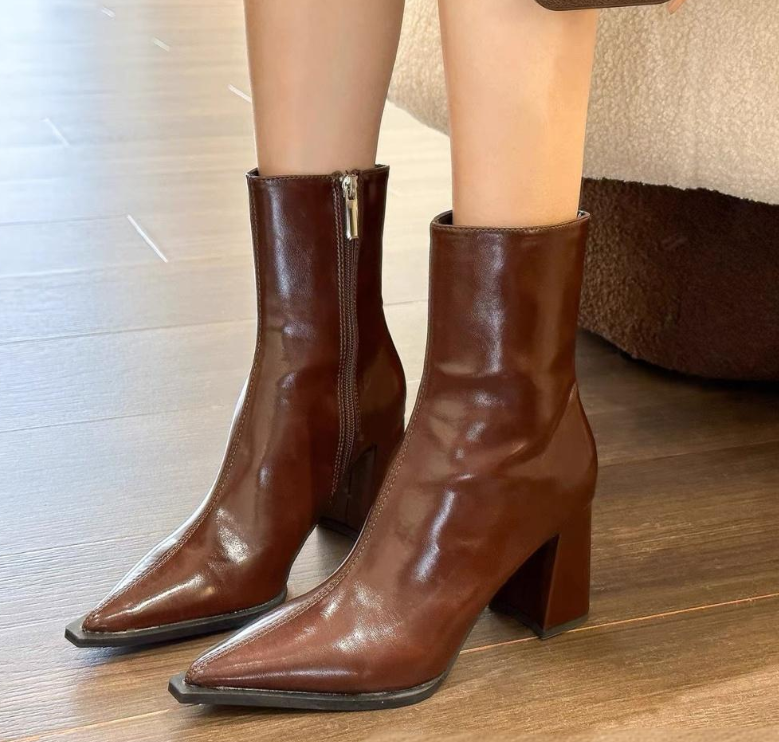 Women Boots High Heel Chunky Heel Simple Casual Style Versatile Triple Black White Brown Free shipping