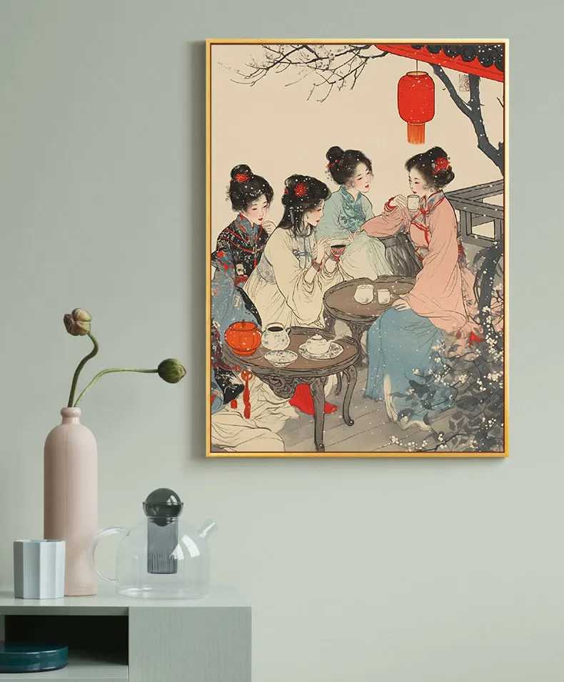 Chinese Style Illustration Lady Chat Whispering In Her Boudoir Posters Canvas Painting Wall Art Picture Ro He Decor Gifts Y250122