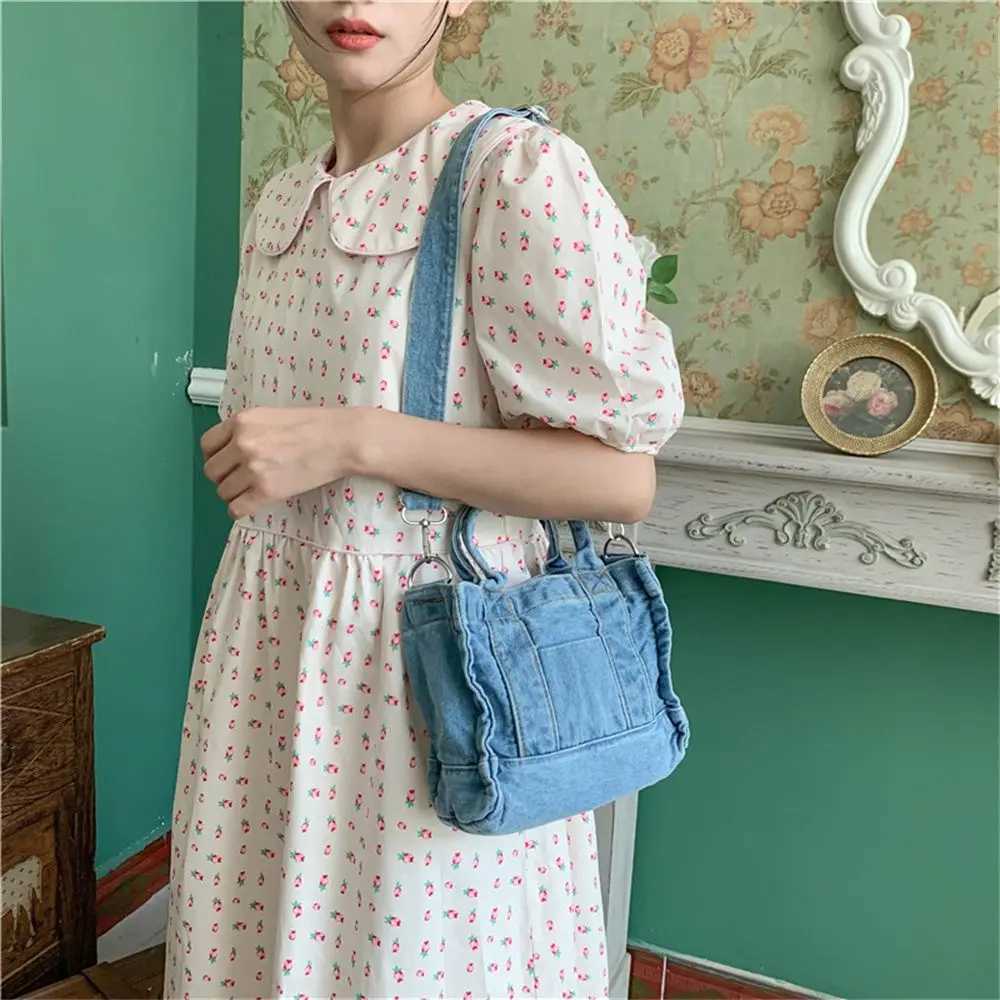 Denim Cloth Women Little Shoulder Bag Girl Light Blue Canvas Fabric Handbag Small Casual Tote Detachable Strap Lady Zipper Purse Y250121