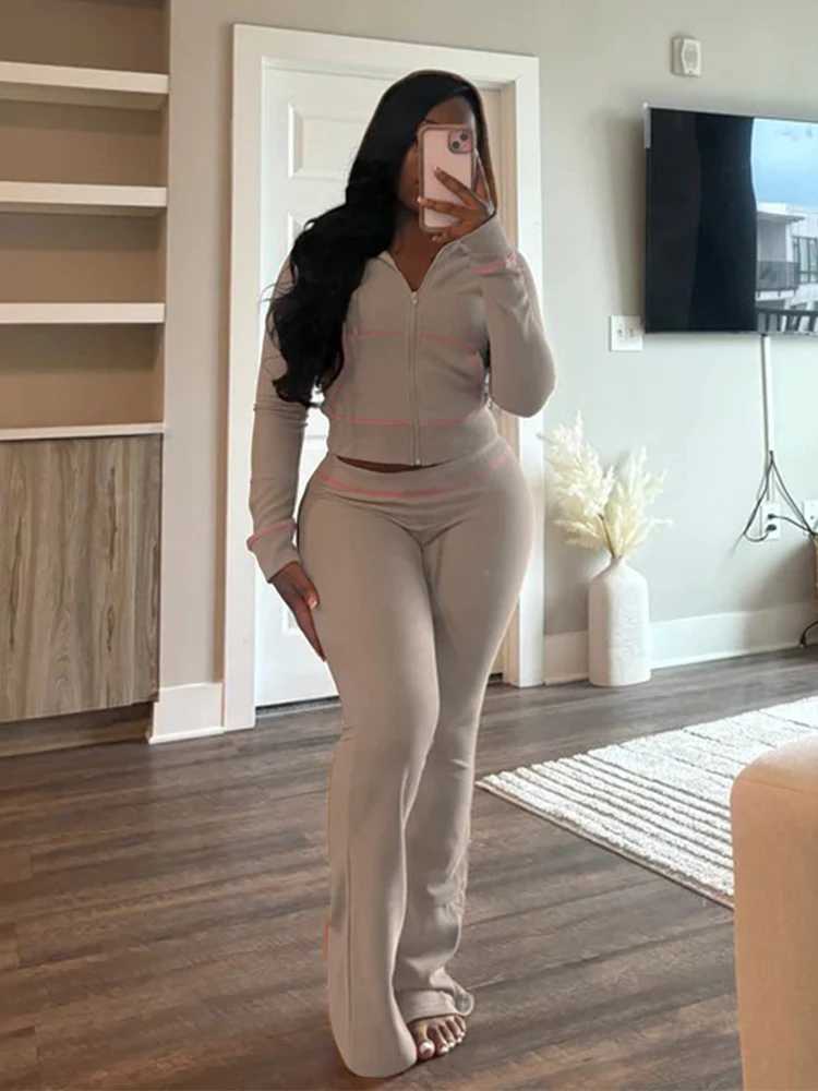 Women's Two Piece Pants Waffle Striped Women Outfits Hooded Tops and Flare Pants Suits 2024 Fall Lounge Wear Strt Baddies Tracksuit 2 Two Piece S