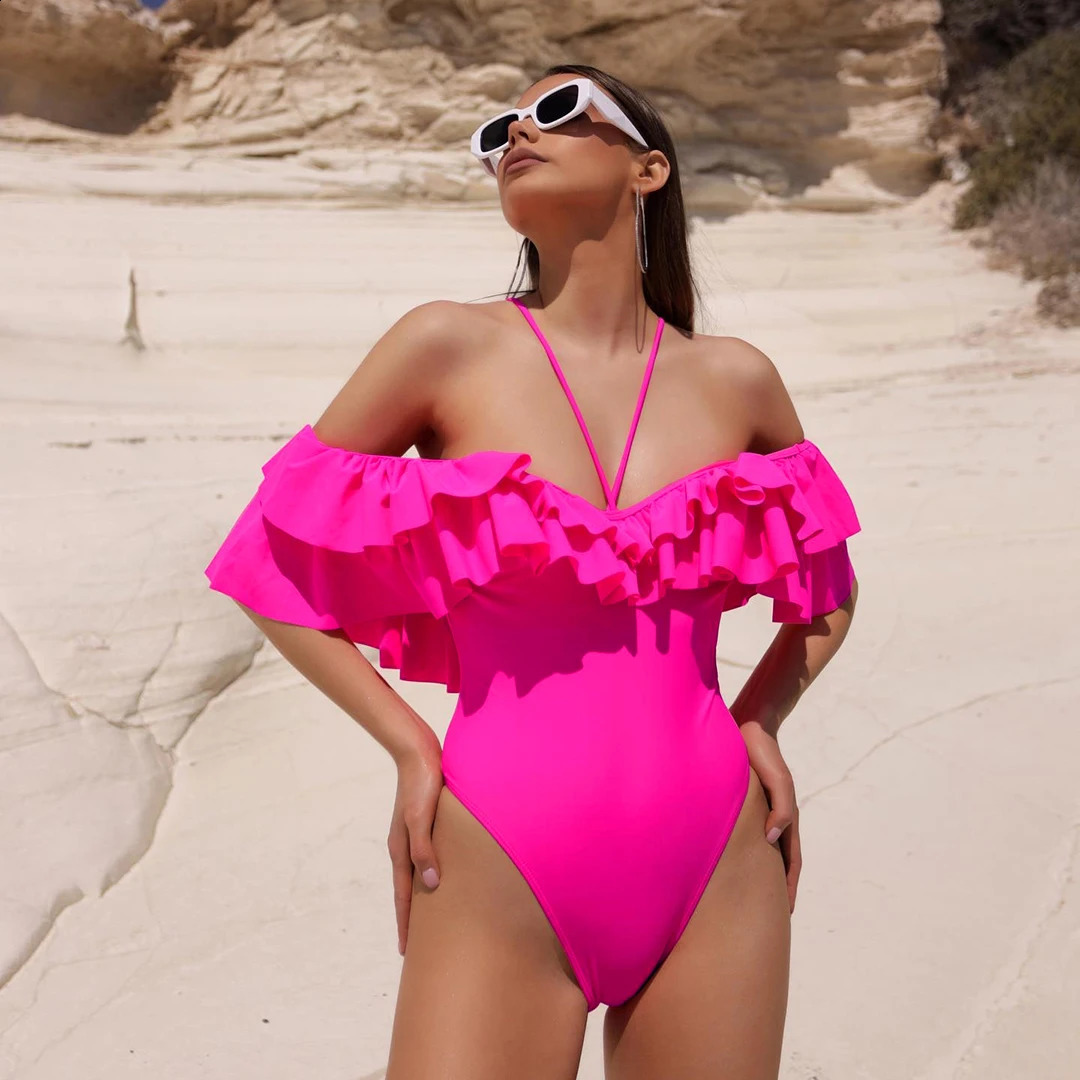 2025 Sexy Off The Shoulder Solid Swimwear Women One Piece Swimsuit Female Bathing Suit Ruffle Monokini Swim Wear XL 250118