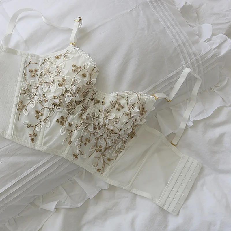 Three-dimensional embroidered bra sexy lace fish bone corset widened breasted with steel ring 2/1 half cup bralette underwear 250121