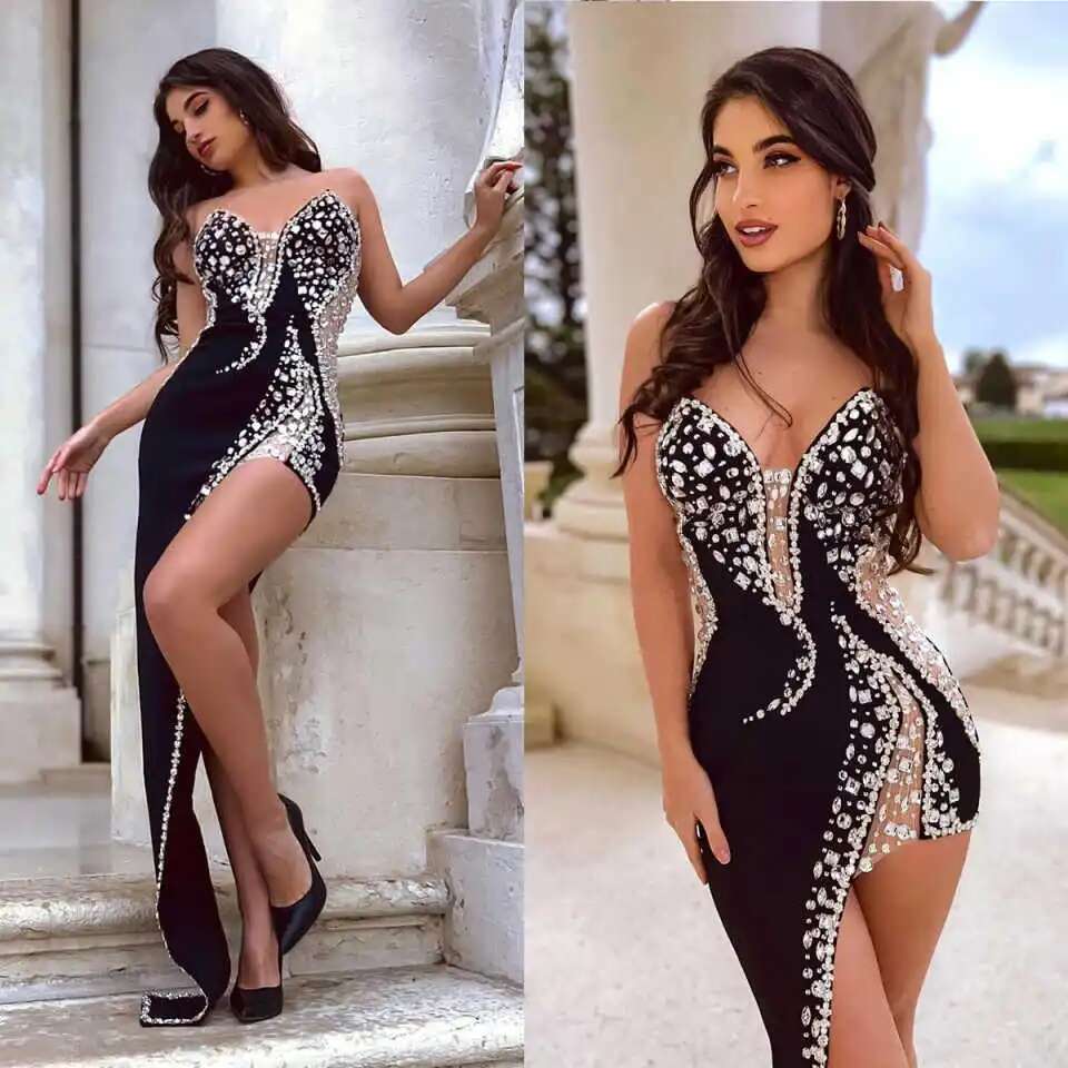 Mermaid Evening Dresses Strapless Rhie Crystal Side Split Sleeveless Ball Party Dress Custom 6660311
