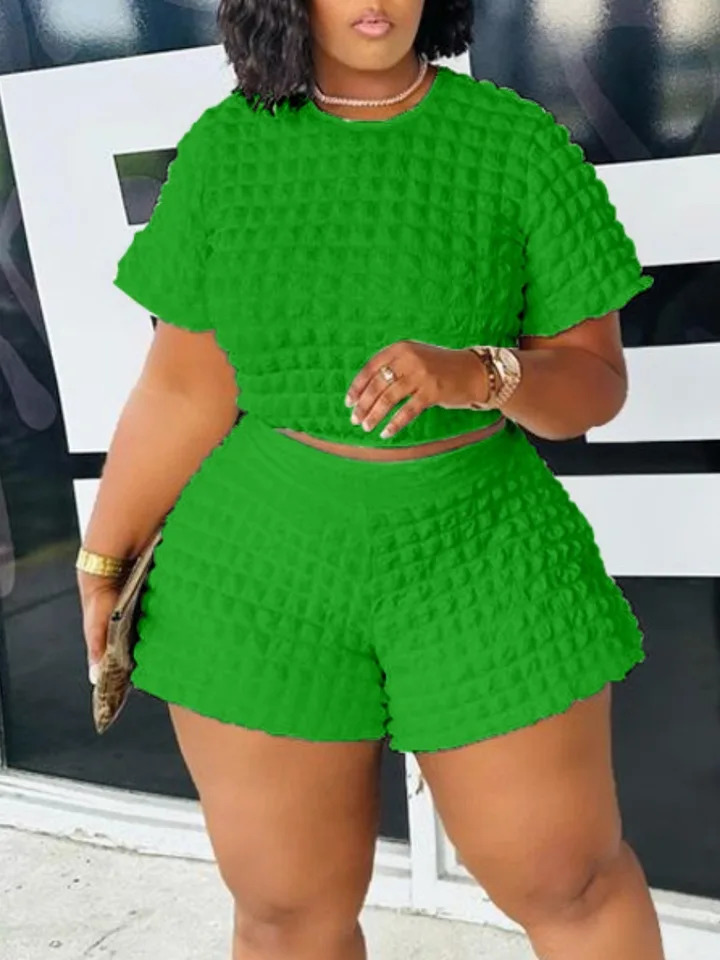 LW Plus size summer twopiece crop top waffle knit shorts set womens short sleeved Tshirt and 250122