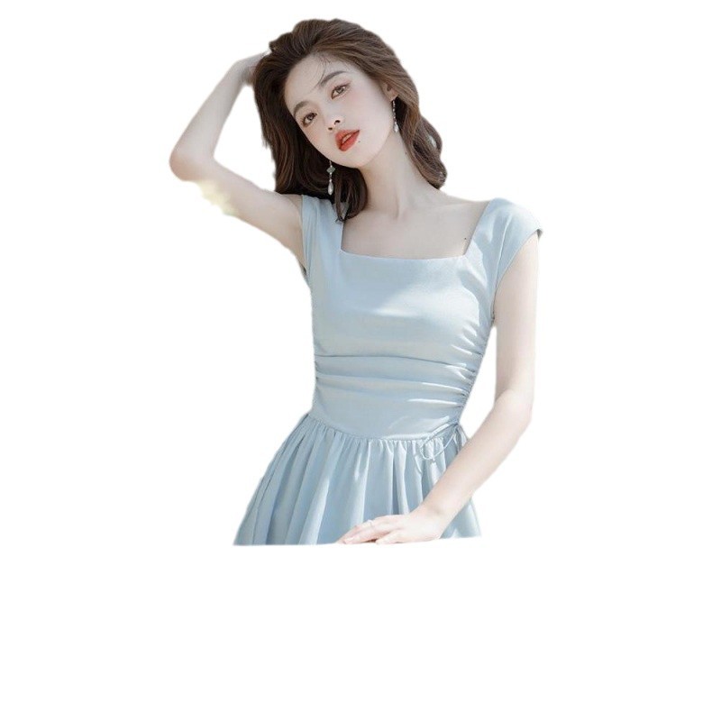 L3260 Retro minimalist style women's square collar French dress long high waist slim skirt female summer long skirt summer