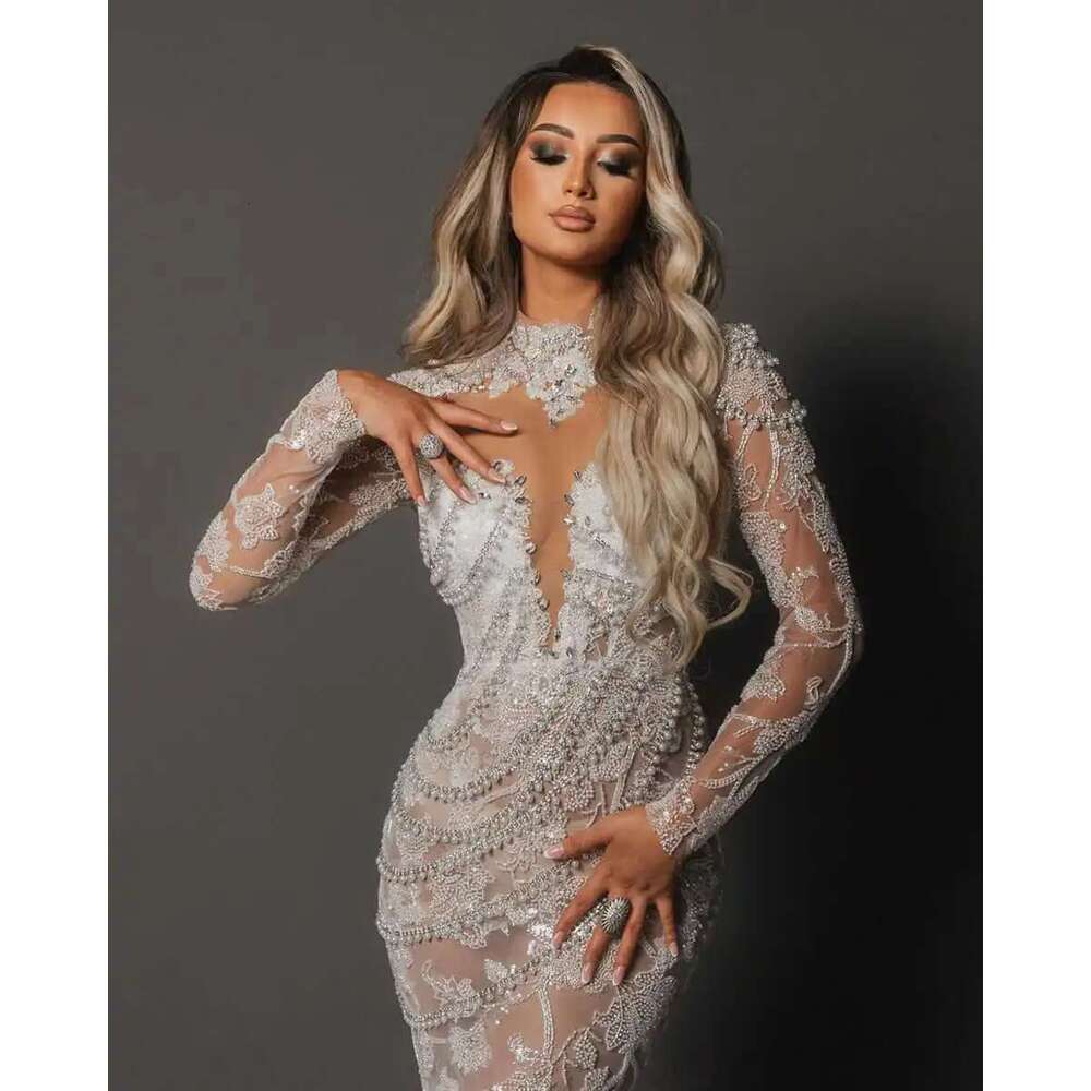 Exquisite Evening Dresses Mermaid High Neck Beads Long Sleeve Train Scan Prom Party Dress Made to Order