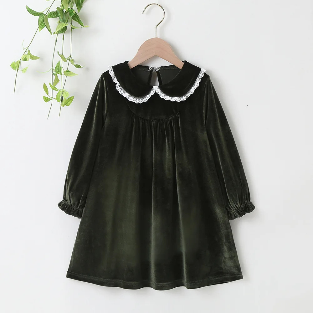 Autumn Winter Dress Long Sleeve Peter Pan Collar Lace Velvet Green Black Cute Sweet Baby Girls Dress Vestidos 2-6T 250120