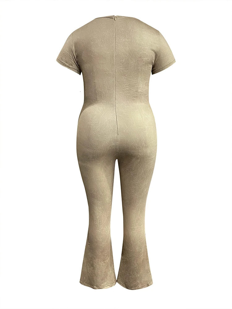 LW Plus Size Flared Jumpsuits for Women Autumn Casual Short Sleeve V Neck Zipper Skinny Trousers Large Size Full Jumpsuit Woman 250113