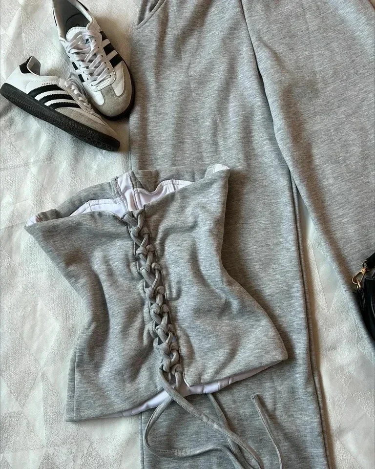 Y2k Pants Two Piece Set Womens Fashion Harajuku Sexy Slim Tube Tops Gothic High Waisted Sweatpants Girl Autumn Winter Suit 250108