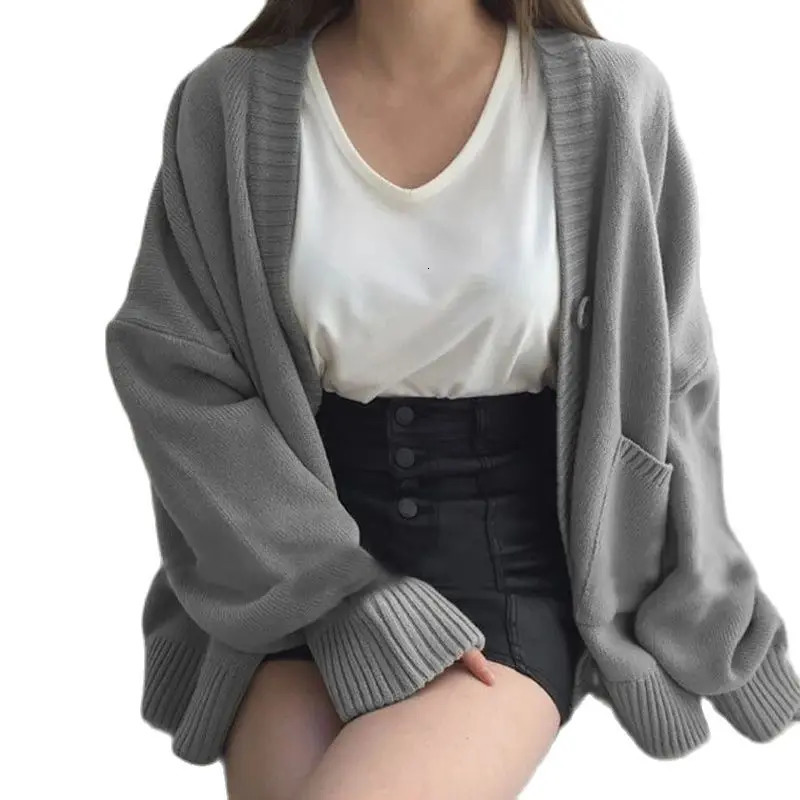 2024 Autumn Womens Sweater Fashion Vneck Vintage Knitted Cardigan Korean Loose Solid Sweaters Female 250109Z