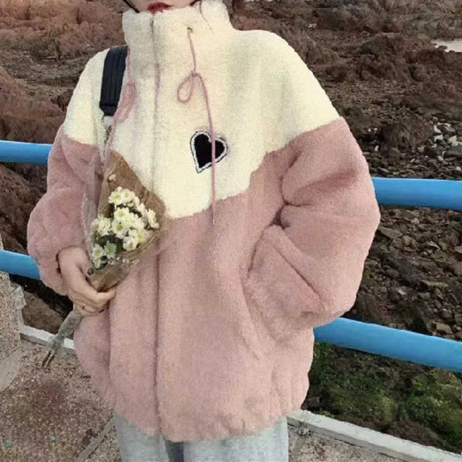 Lamb plush Coat for Womens Autumn Winter for Middle and High School Students Korean Version Loose Thick Spliced Cotton Clothes Trendy Women Jackets Co