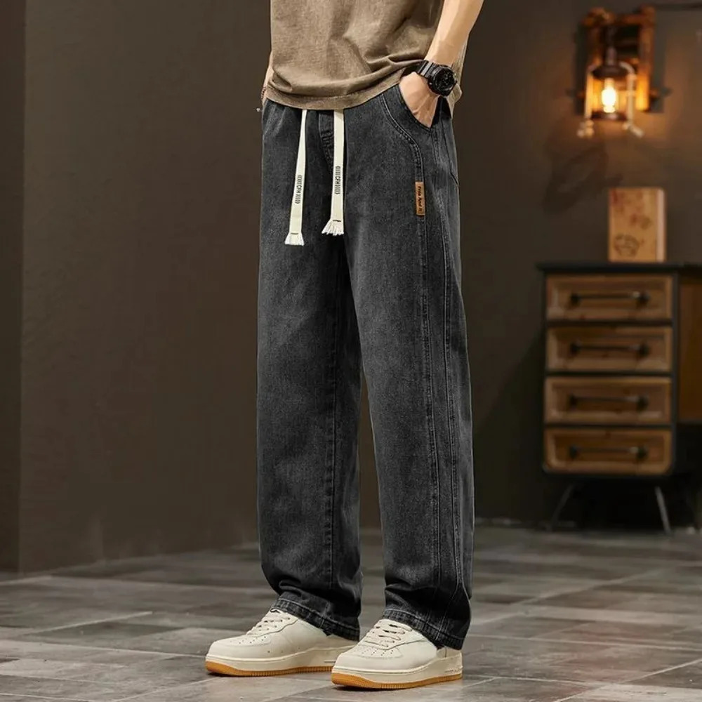 Elastic loose straight jeans men wide legged denim men pants casual trousers Korean style men clothing jeans pants man 250116