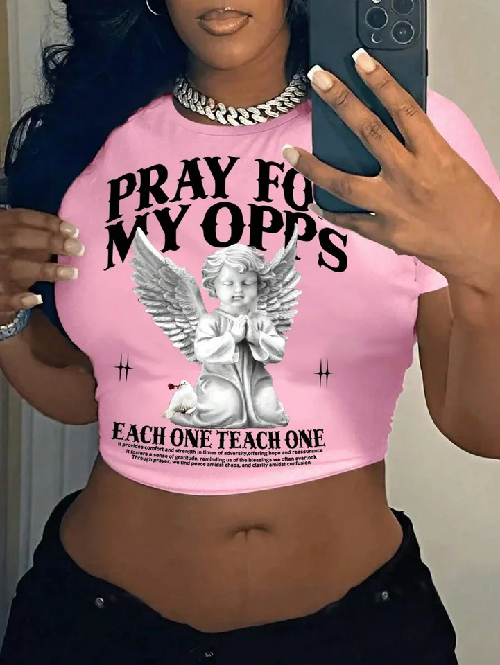 Womens T-Shirt Crop Tops Summer Short Sleeve Casual T-Shirt With Angel Print And Slogan Round Neck Slim Fit Female Y2k Clothing 250121