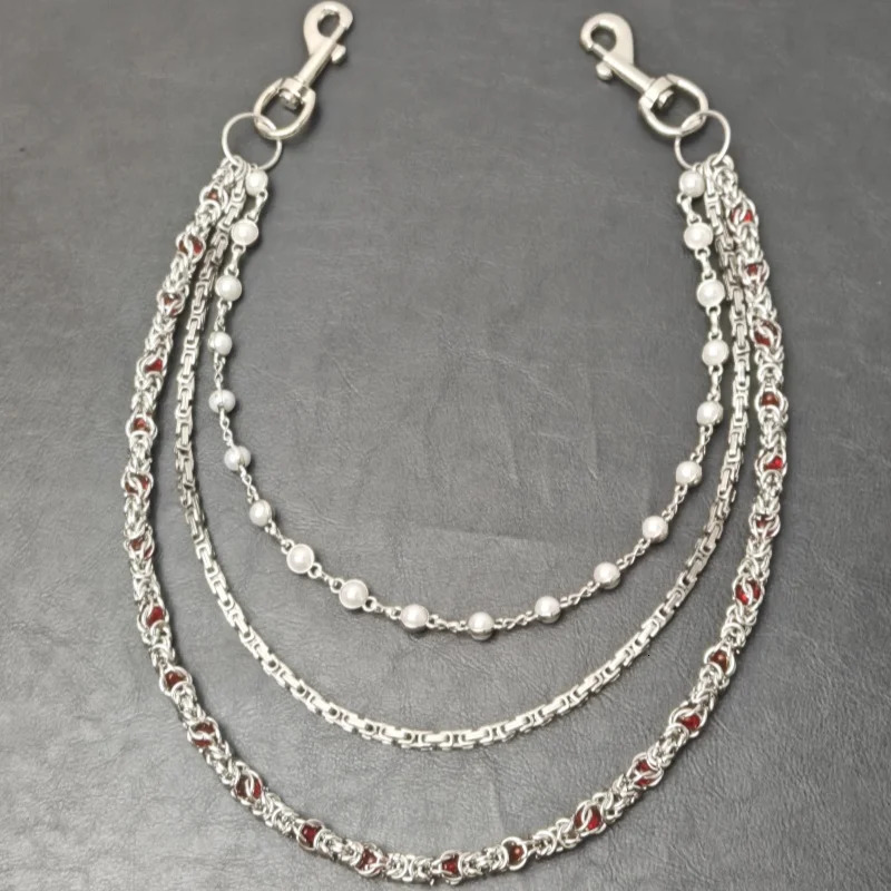 Retro sMonarch Keel Clamp Beads Pearl Pants Chain Three layers Fashion Accessories Hip Hop Punk Ones Waist Concise y2k KeyChain 250122