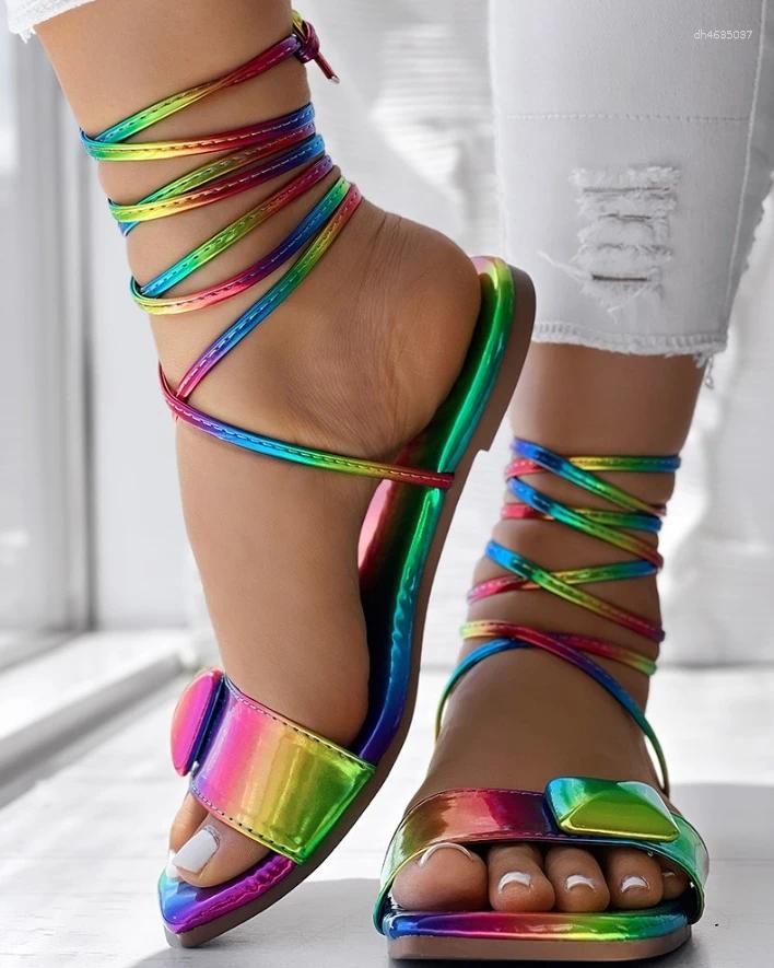 Sandals Women's 2025 Fashion Ombre Square Toe Strappy Casual Daily Vacation Flat zhanyishengli
