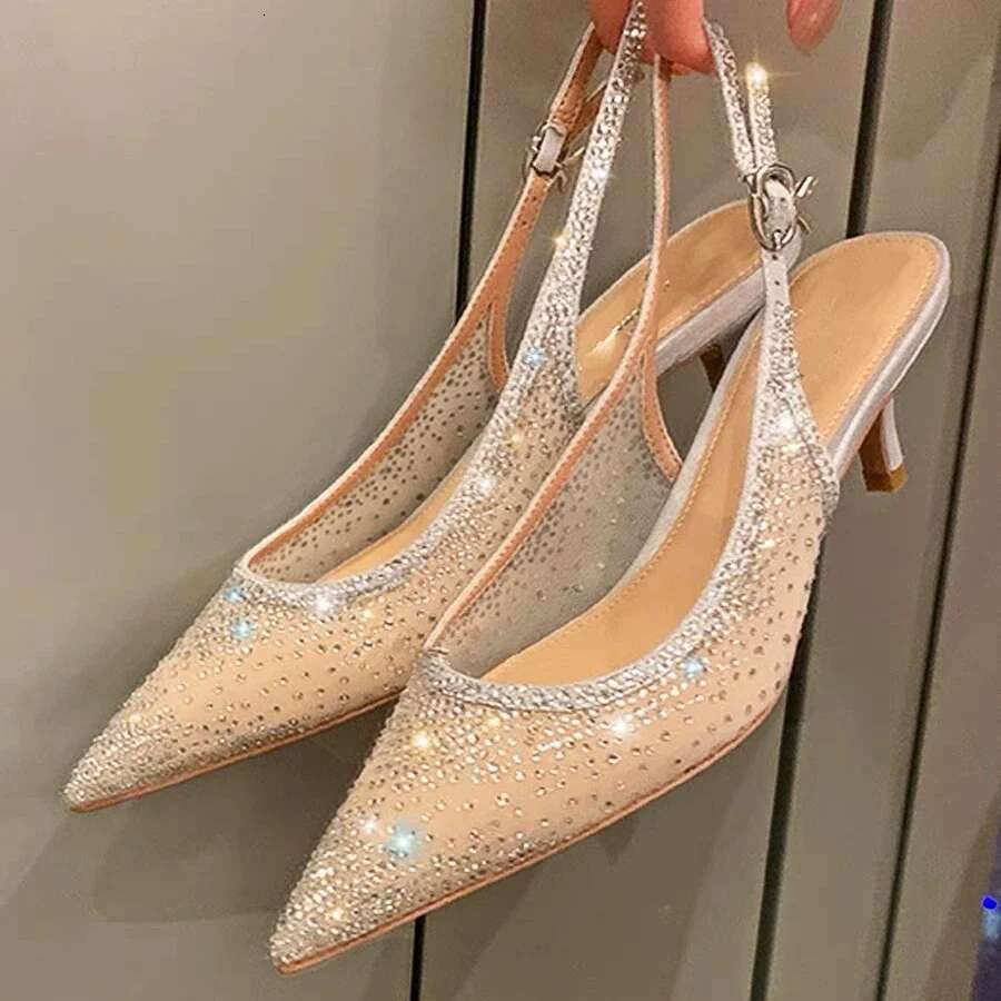 Pointed Toe Mesh Rhies Muller Pumps Female Designer After Empty High-heeled Sandals for Women Wedding Dress Shoes
