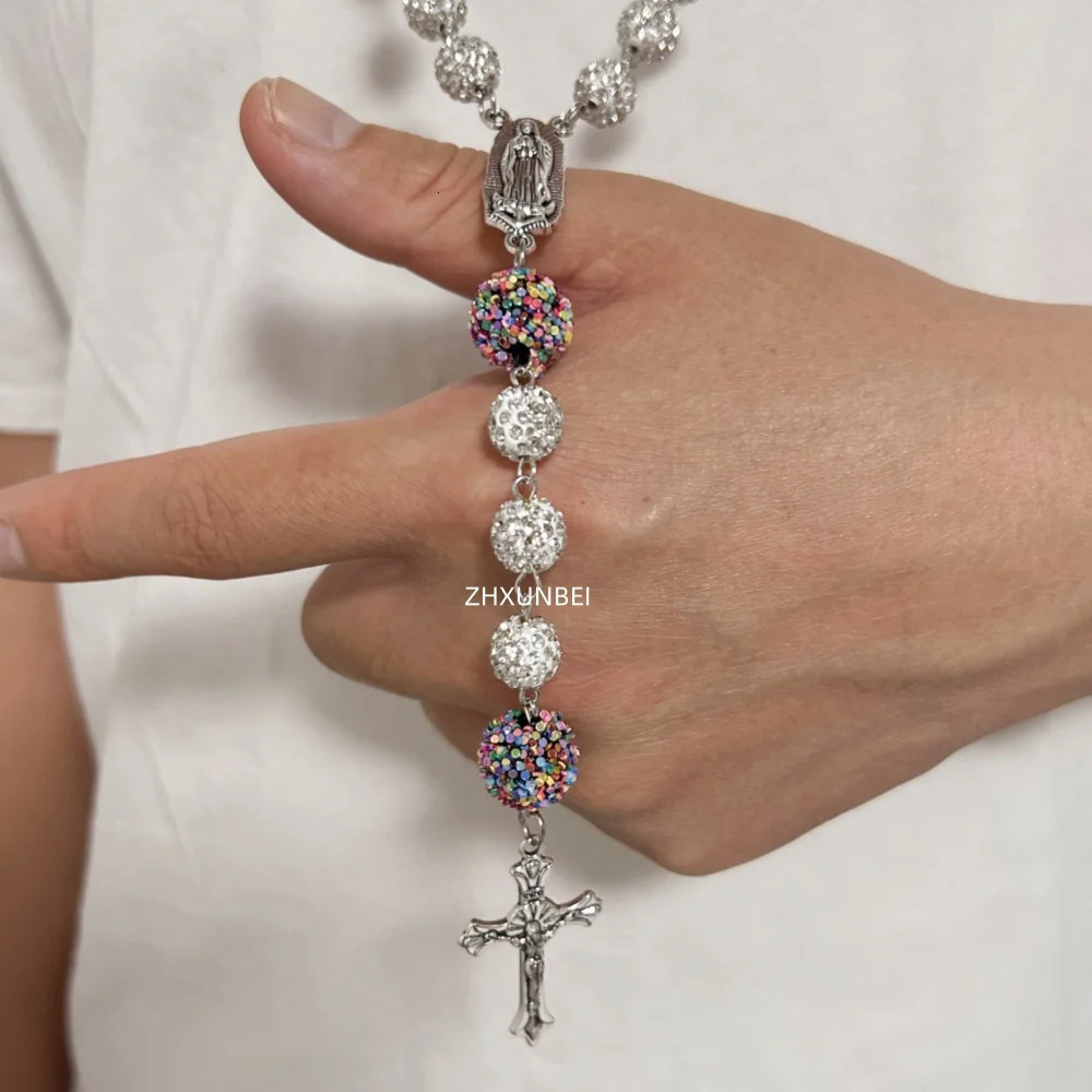 Hip Hop 10mm rhinestone cluster rose necklace disco ball bead pendant Catholic Guadalupe Virgin Prayer Rose 250109