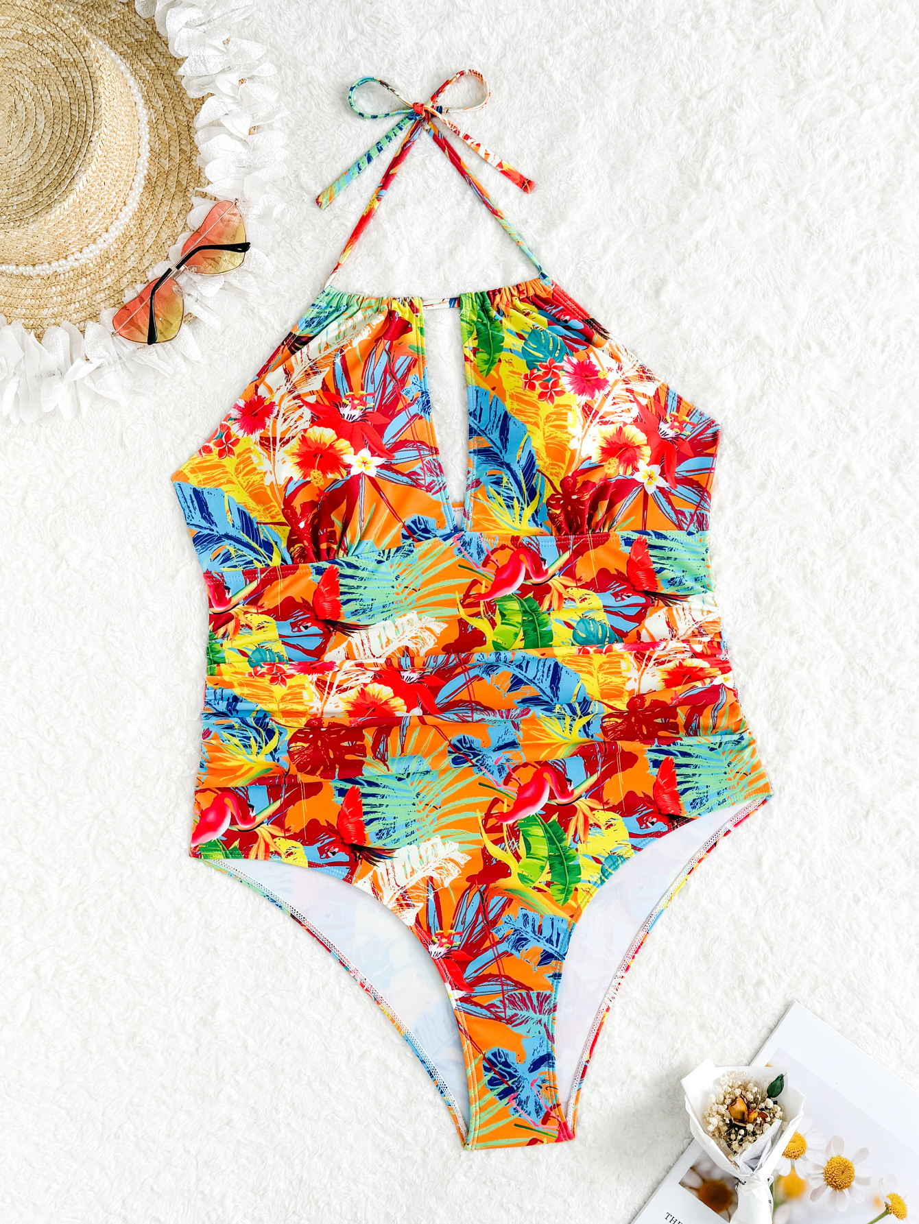 Plus Size Elegant Women's One-Piece Swimsuit with Colorful Floral Print, Halter Neck Backless Design,Women's Tummy Control Swimwear