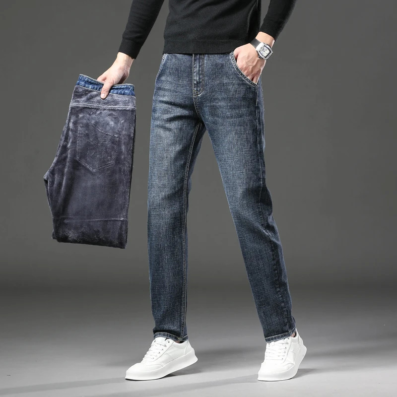 Winter Mens Warm Jeans Thicken Fleece Slim Straight Soft Elastic Business Casual Denim Pants Male Trousers Blue Gray 250116