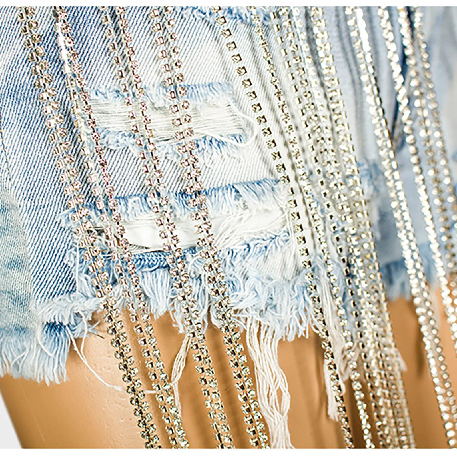 Ripped Tassel Diamond Chain Jeans Shorts Summer WomenS Denim Shorts Midi Waist Casual Raw Hem Jeans Fashion Y2k Streetwear 250122