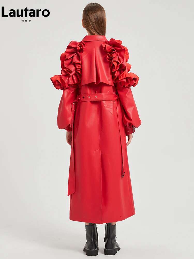 Lautaro Spring Autumn Long Ruffled Soft Pu Leather Trench Coat For Women Belt Elegant Designer Clothes Runway Fashion