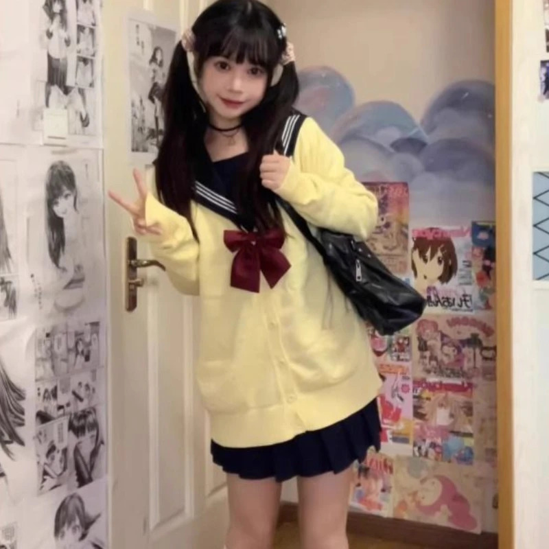 Yellow Knitted Cardigan Coat Womens Autumn/Winter Knitted Sweater Anime Yellow Coat Long Sleeve Sweater V-neck Cardigan 250121