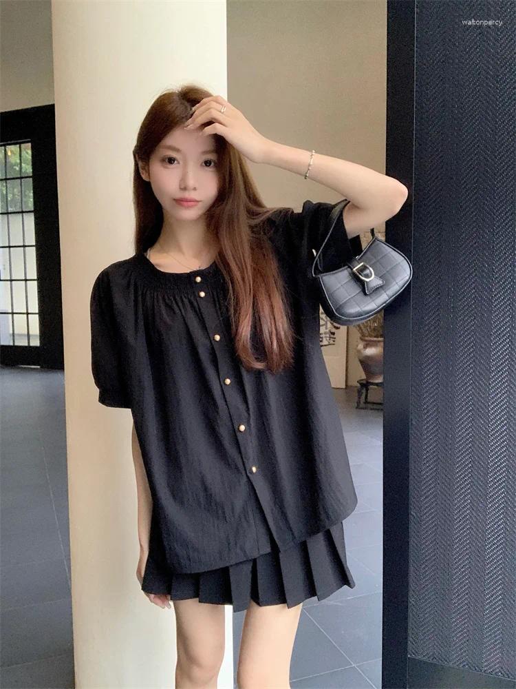 Women's Blouses 2025 Real Spot Plus-size Slightly Fat Pleated Short-sleeved Shirt Summer Single Breasted Loose Slimming Top