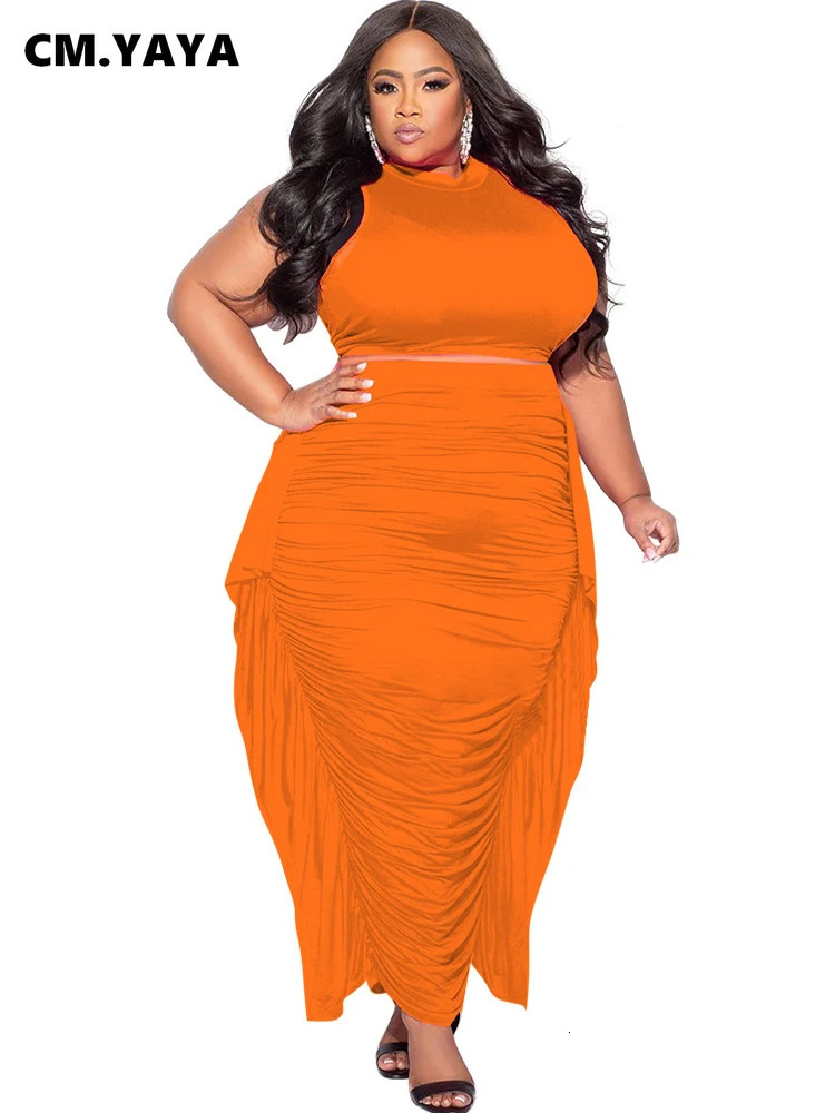 CMYAYA Plus Size Elegant Women Two 2 Piece Set Outfits 2024 Summer Tshirt Long Skirts Suits Casual Ruffles Fitness Tracksuit 250122