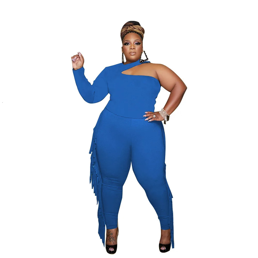 WSFEC L5XL 2023 Fall Plus Size Pant Suits Two Piece Set Clothing Long Sleeve Irrgular Tassel Casual Trend Female Outfits 250122
