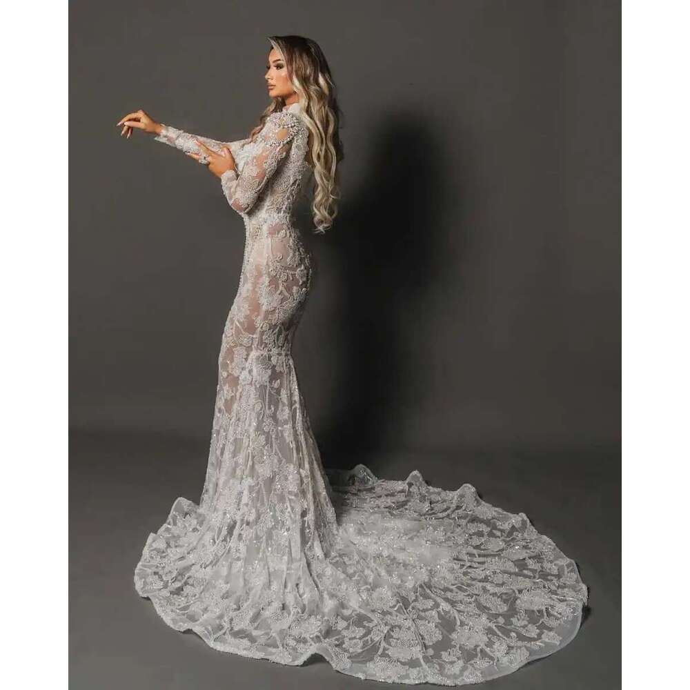 Exquisite Evening Dresses Mermaid High Neck Beads Long Sleeve Train Scan Prom Party Dress Made to Order