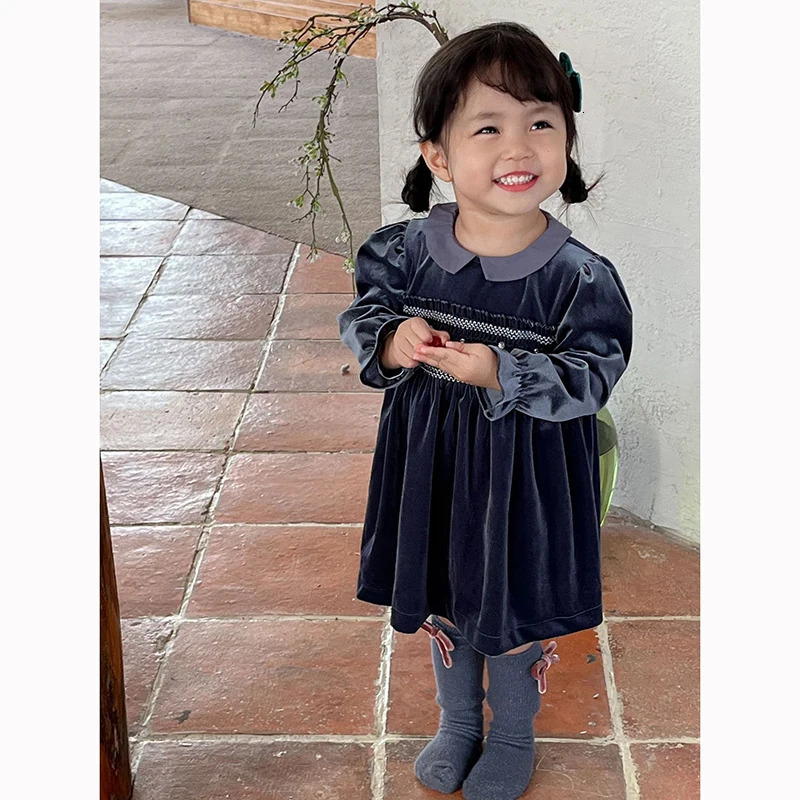 Girls Dress Party Long Sleeve Dress Peter Pan Collar Lace Golden Velvet Loose Dress Embroidery Childrens Clothing Flare Sleeve 250120