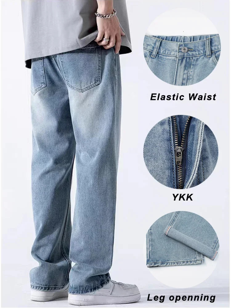Spring Summer Mens Jeans Straight Denim Pants Elastic Waist Cotton Streetwear Male Wide Baggy Casual Blue Trousers 250116
