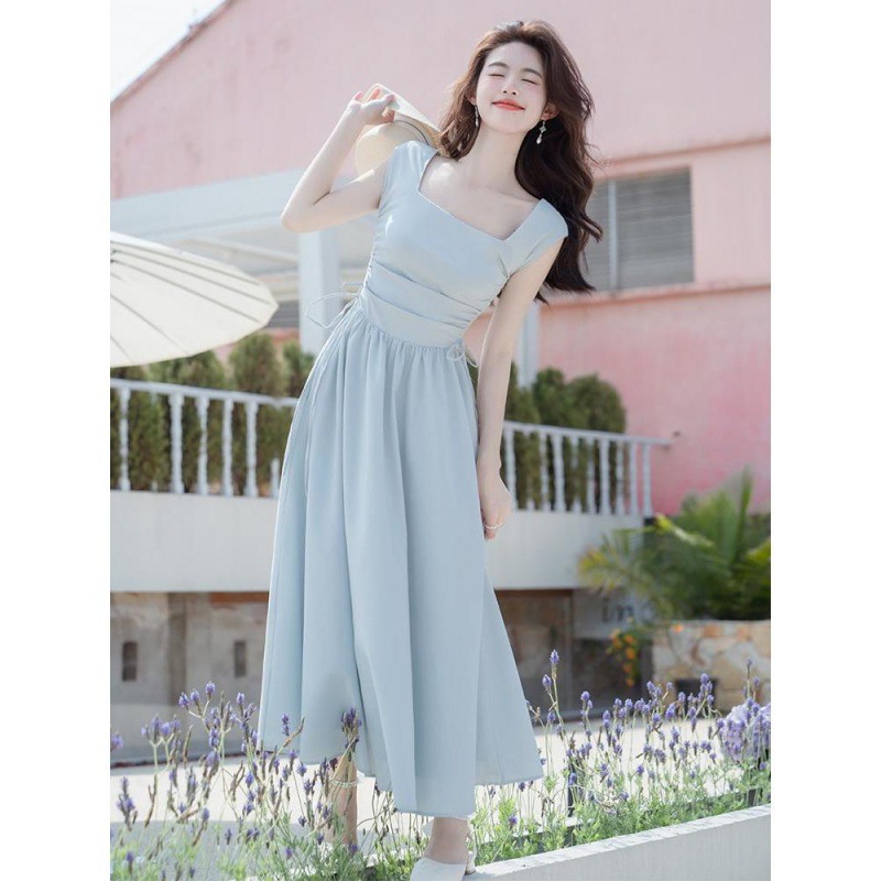L3260 Retro minimalist style women's square collar French dress long high waist slim skirt female summer long skirt summer