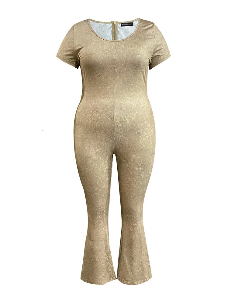 LW Plus Size Flared Jumpsuits for Women Autumn Casual Short Sleeve V Neck Zipper Skinny Trousers Large Size Full Jumpsuit Woman 250113