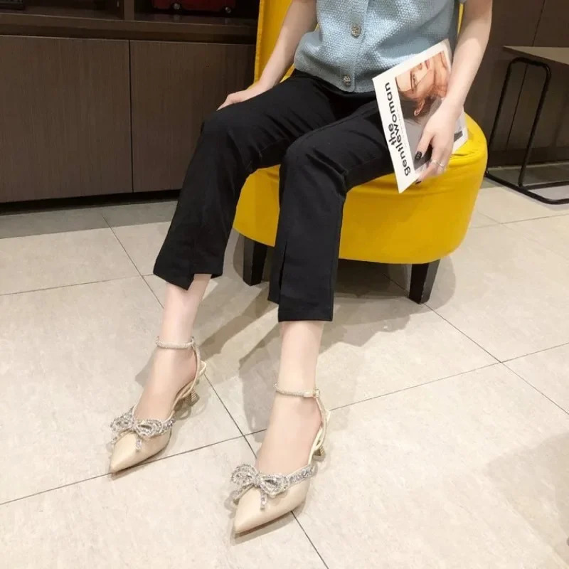 Fashion Rhinestone Fine Heel Sandals Women Cute Pointed Crystal Fairy Wind Bow Tie Diamond High Heels Baotou 250117BJ - view 7