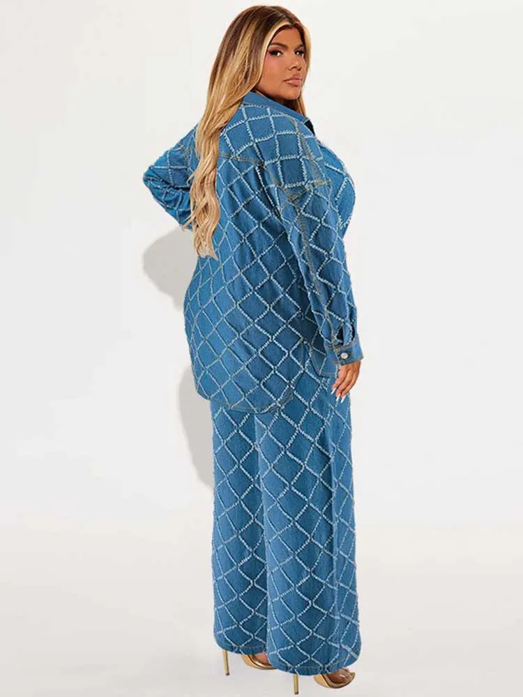 Cowboy 2piece womens jeans and jacket winter casual set long sleeved denim plain pants plus size clothing 250122