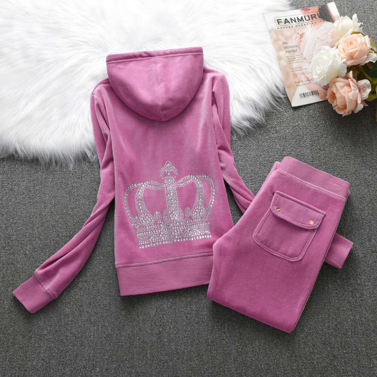 Y2k Veet Tracksuit 2025 Winter Trousers Set Women Solid Color Crown Crystal 3D Trim Hoodiecasual