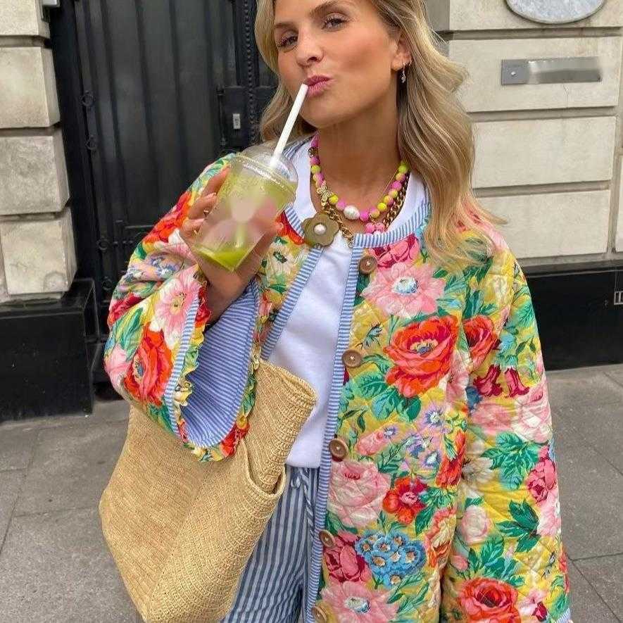 Womens Autumn Flower Printed Loose Quilted Cotton Jacket Womens Top Women Jackets Coat Woman Fur 241209