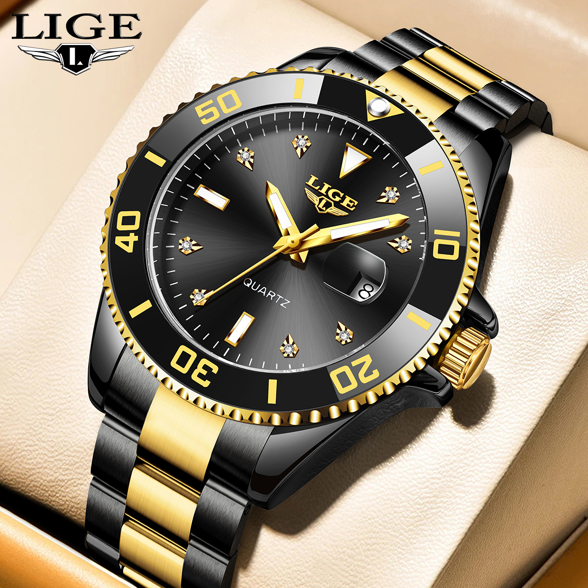 LIGE Simple and Fashionable Men's Quartz Watch Business Stainless Steel Strap Men's Watch Multi functional Waterproof Calendar Night Light W