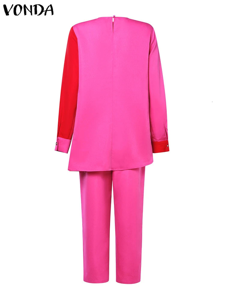 Plus Size VONDA Women Fashion Pant Sets Elegant Suits Long Sleeve Asymmetric Patchwork Casual Top and Pants Bohemian 250122