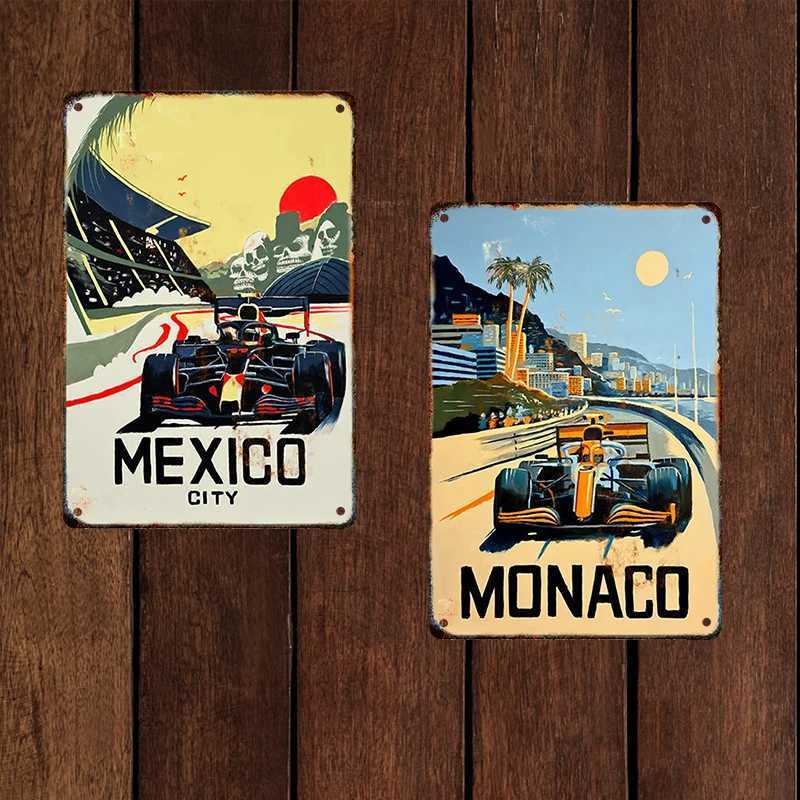 High Quality Vintage F1 Neon City Comic Watercolor Racing Car Metal Poster Tin Sign Wall Art Racer Plate Aesthetic Motorsport Decoration T250118