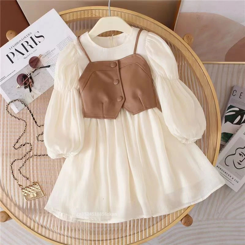 Spring Autumn Baby Suits Girl Vest Long Sleeve Dresses 2piece Kids Cute Princess Dress Children Chiffon Vestido 2 to10T 250120