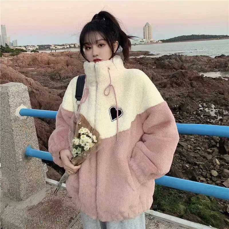 Lamb plush Coat for Womens Autumn Winter for Middle and High School Students Korean Version Loose Thick Spliced Cotton Clothes Trendy Women Jackets Co
