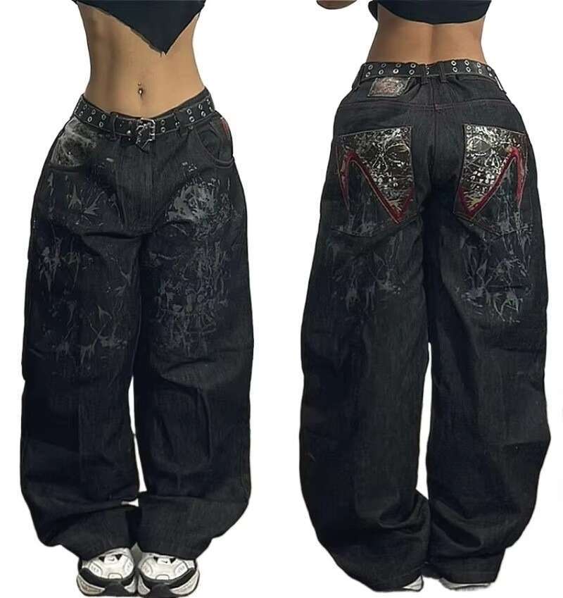2024 New American Trend Retro Hip-hop Embroidery Pattern Baggy Jeans For Men And Women Y2K Haruku Gothic Wide Pants Streetwear