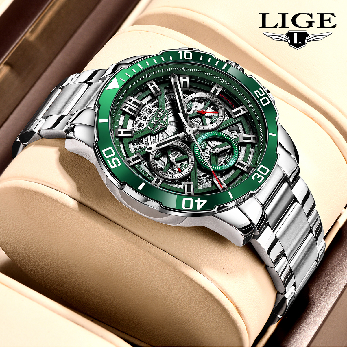 LIGE Men's Fashion Hollow Design Quartz Watch Multi functional Luminous Calendar Watch Give Friends Holiday Gifts